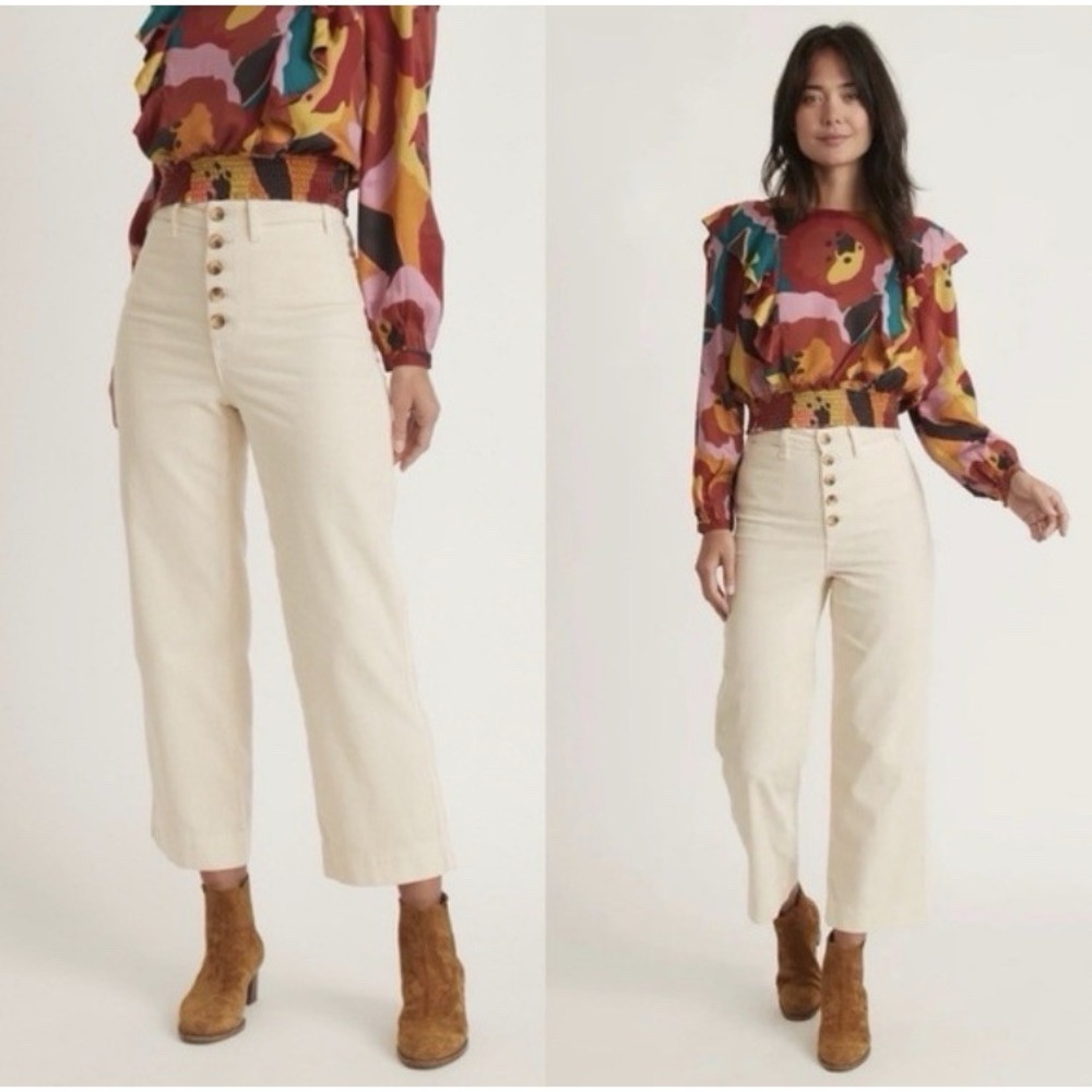 Marine Layer Bridget Corduroy Straight Leg Crop Pant Ivory Beige Woman's 8 EUC - Picture 1 of 7